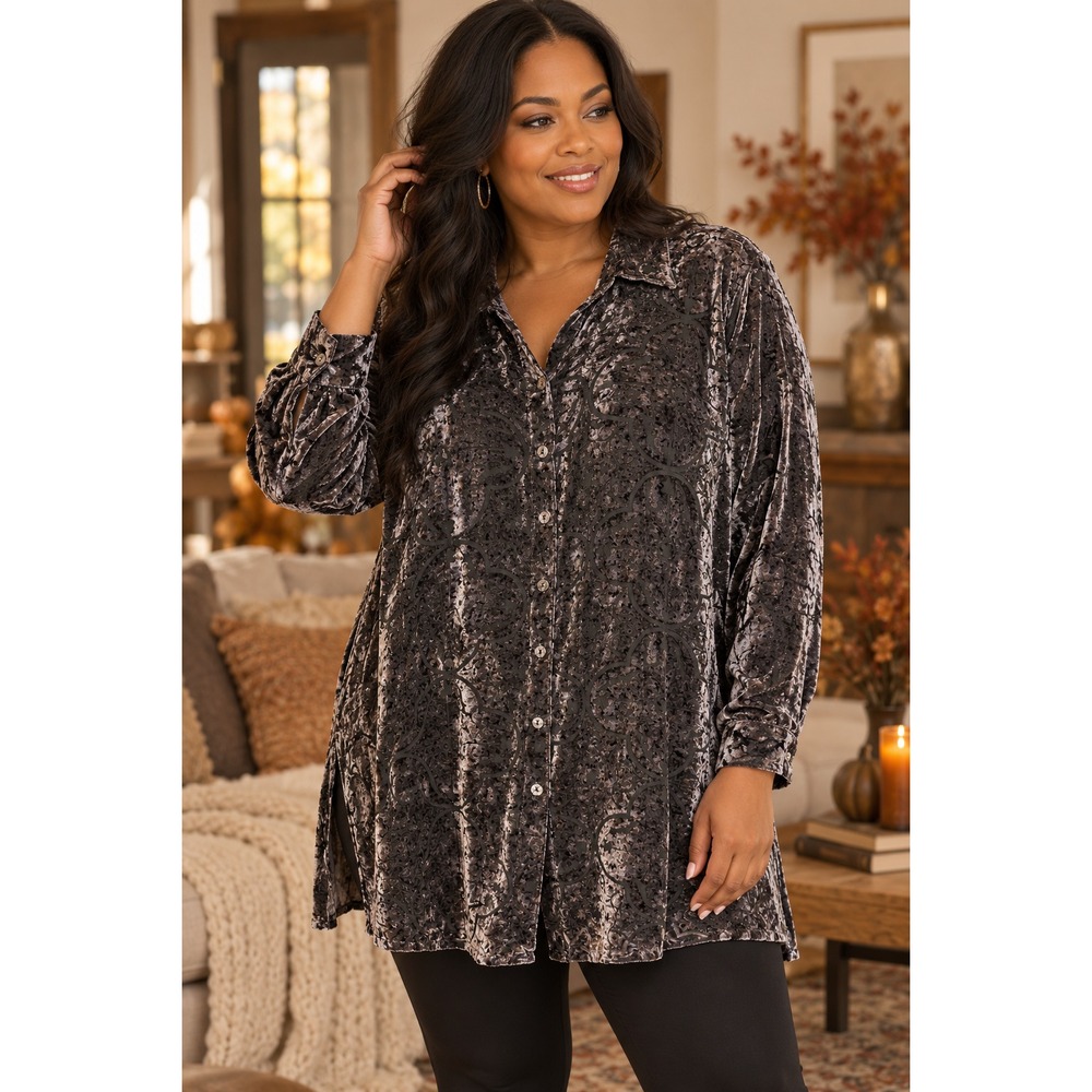 Chico's Crushed Velvet Burnout Tunic Top Silk Blend Button Up Size 2 Large 12